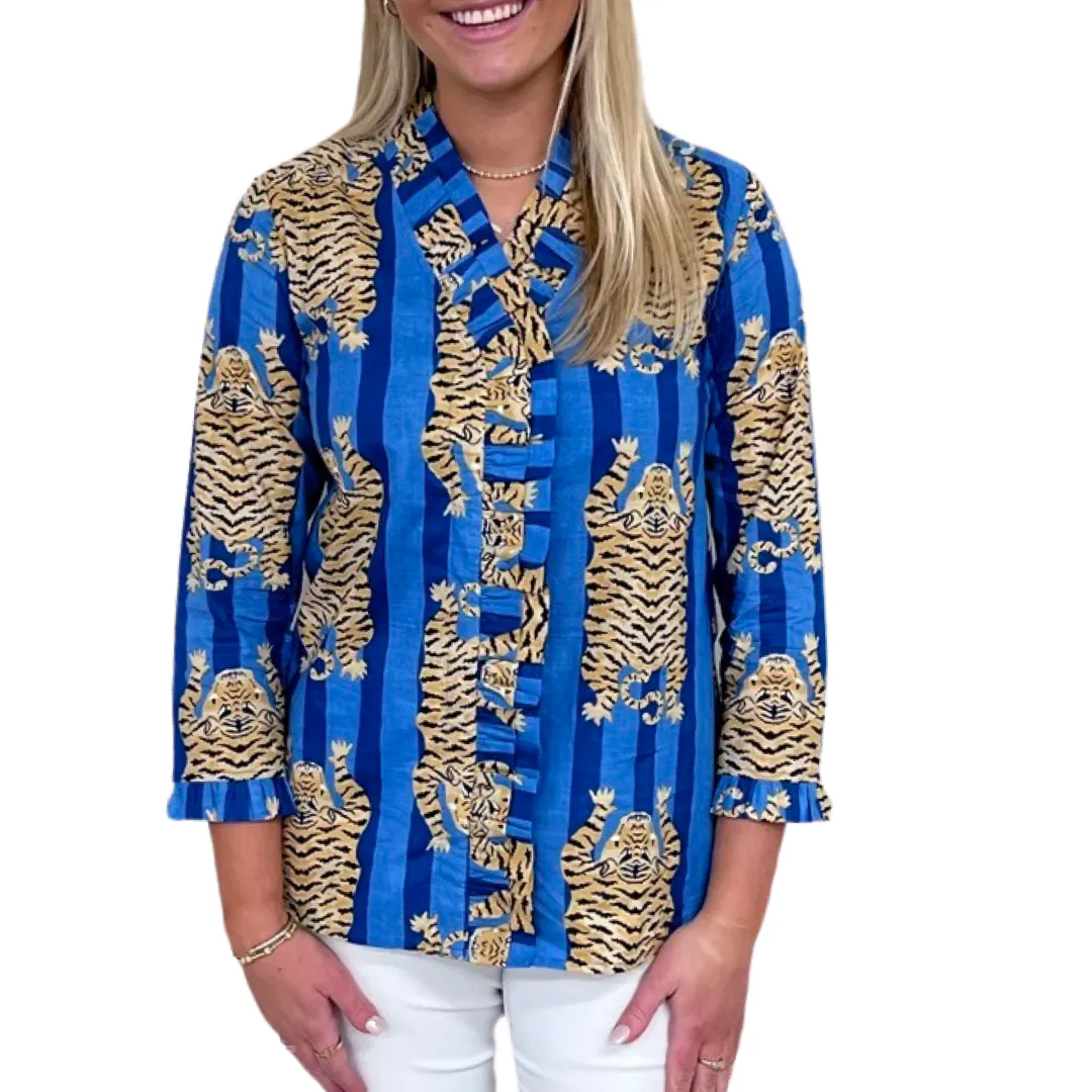 The Bessie Ruffle Front Top in Blue Tiger Stripe
