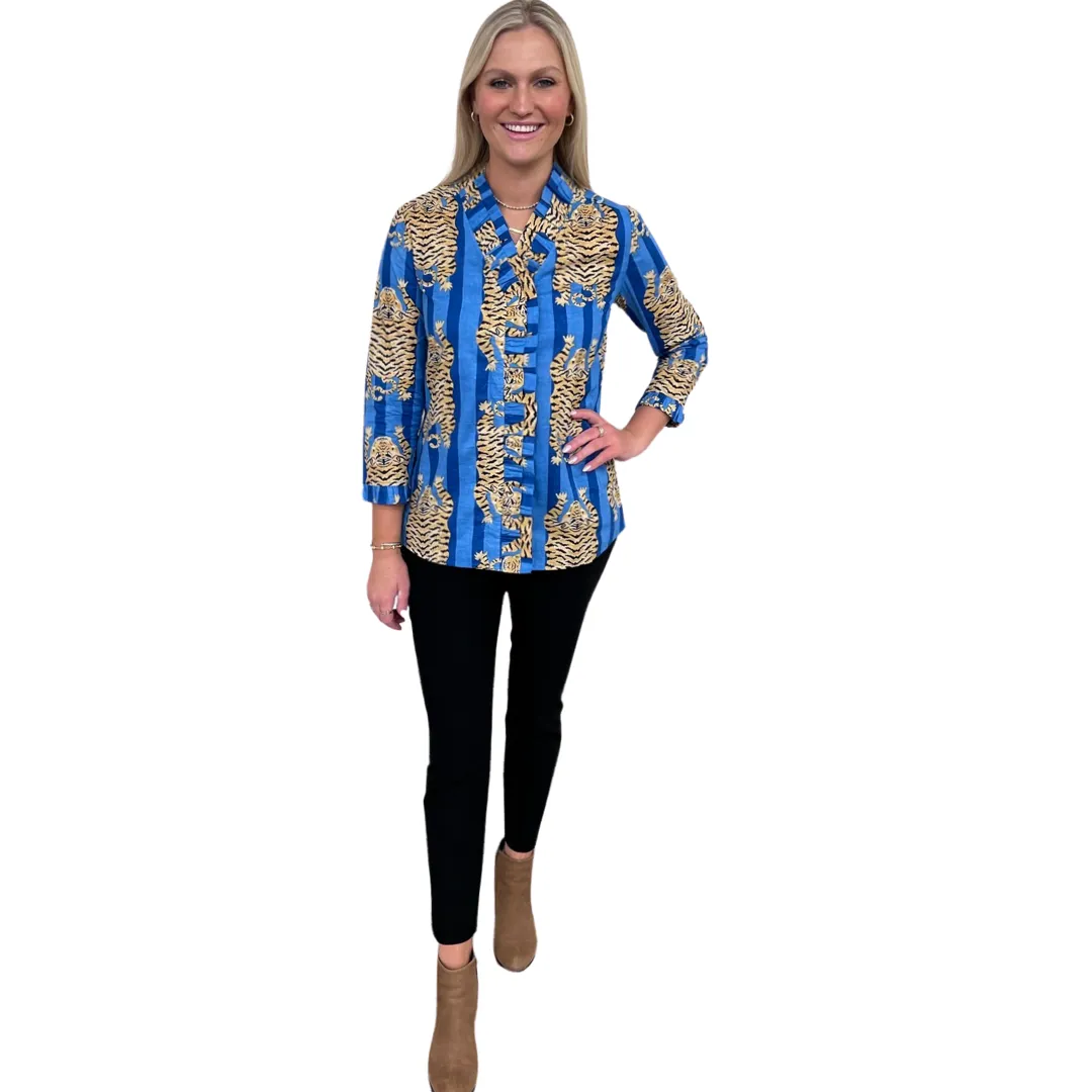 The Bessie Ruffle Front Top in Blue Tiger Stripe