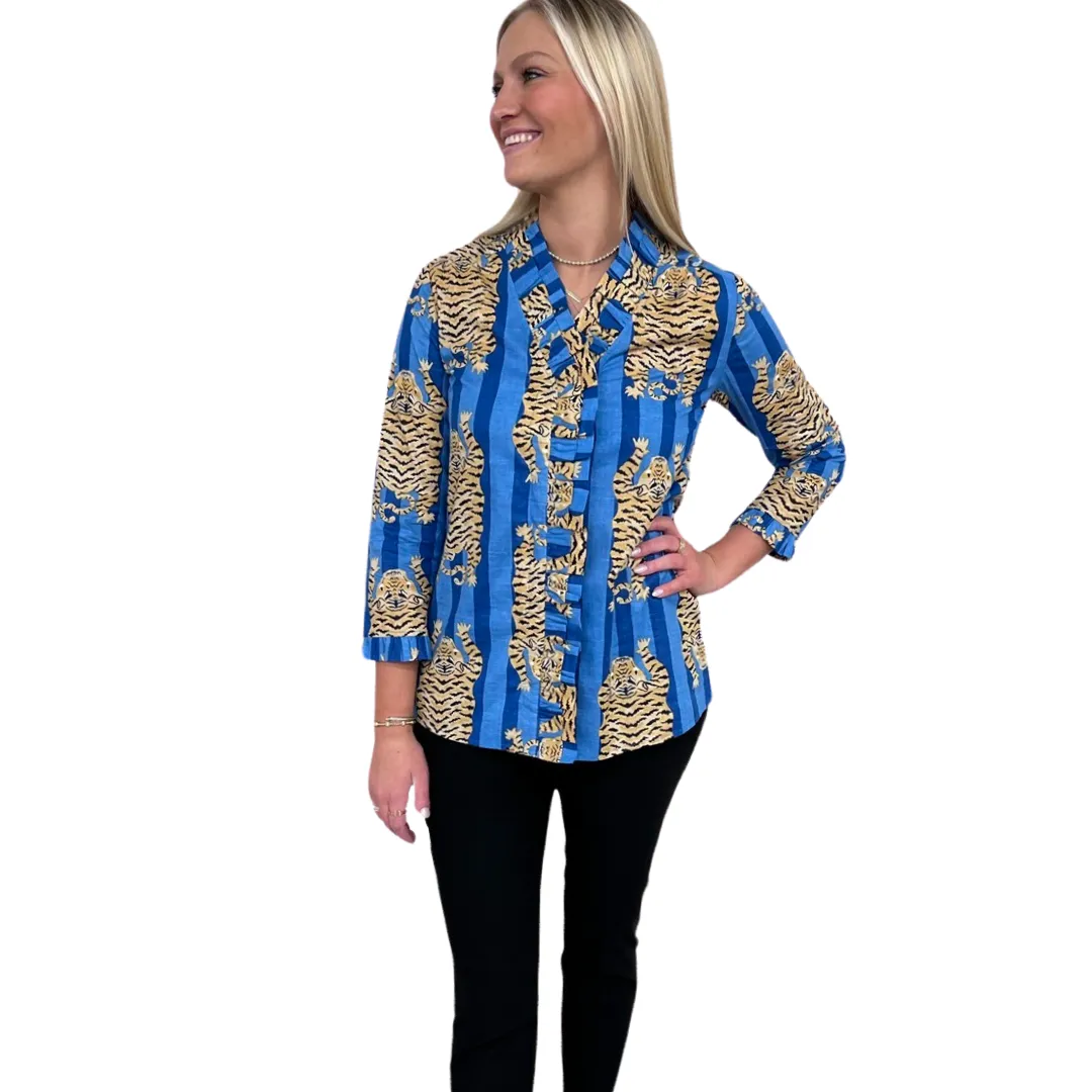 The Bessie Ruffle Front Top in Blue Tiger Stripe