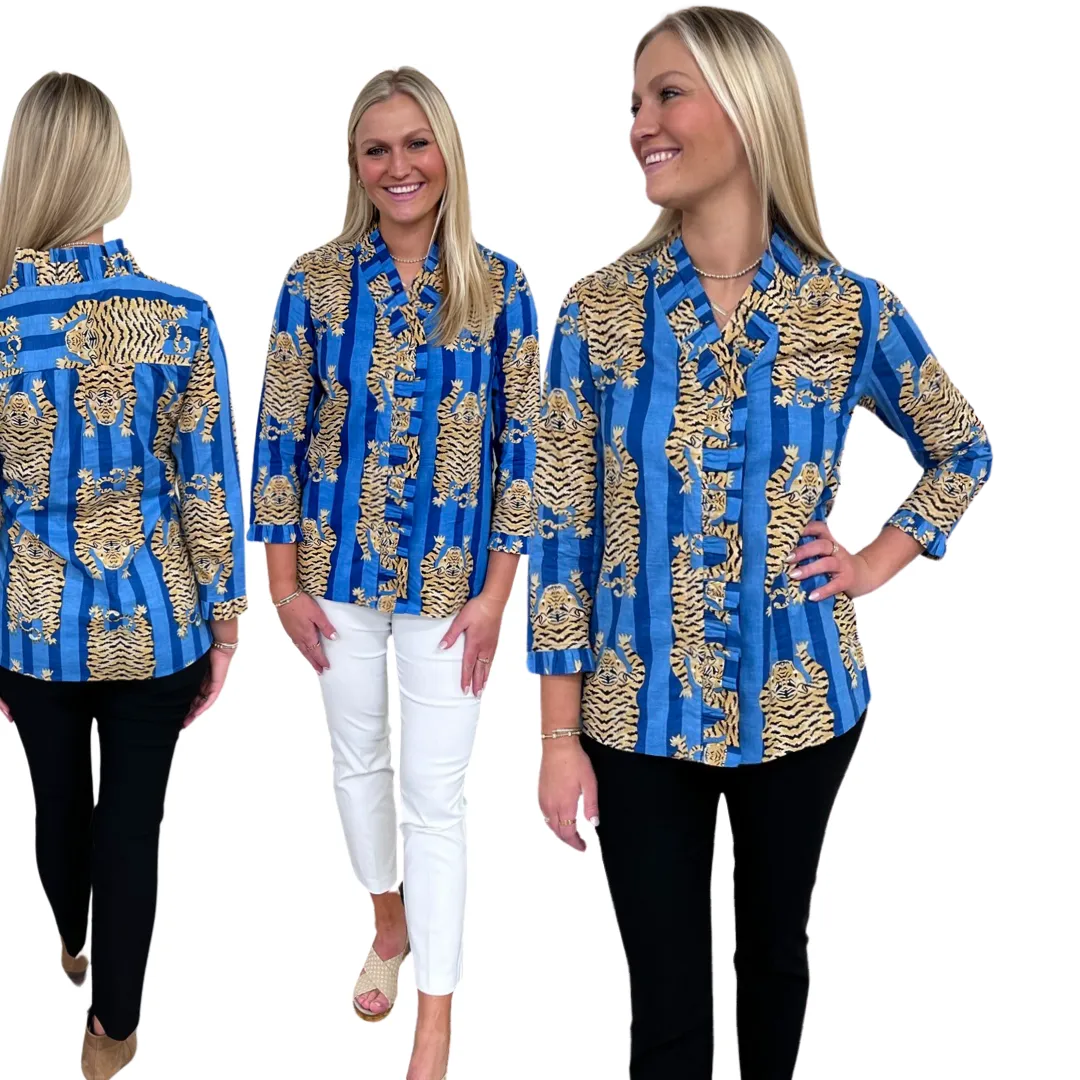 The Bessie Ruffle Front Top in Blue Tiger Stripe