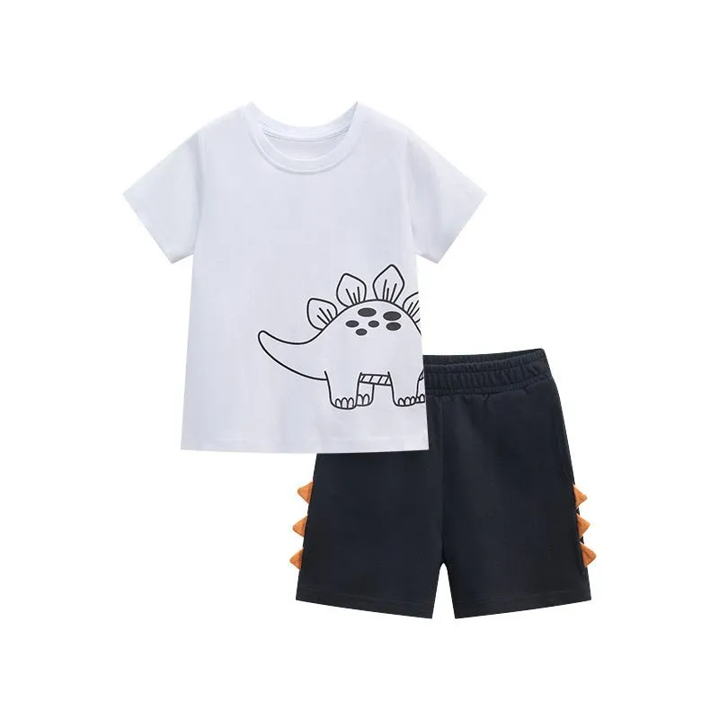 Toddler/Kid Boy's Dino Print Design White Tee with Shorts Set