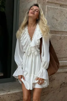 V-Neck Pleated Trumpet Sleeve Ruffled White Dress