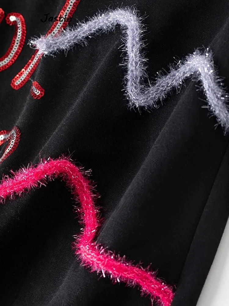 Valentine's Day Love Sequin Round Neck Knitted Sweatshirt