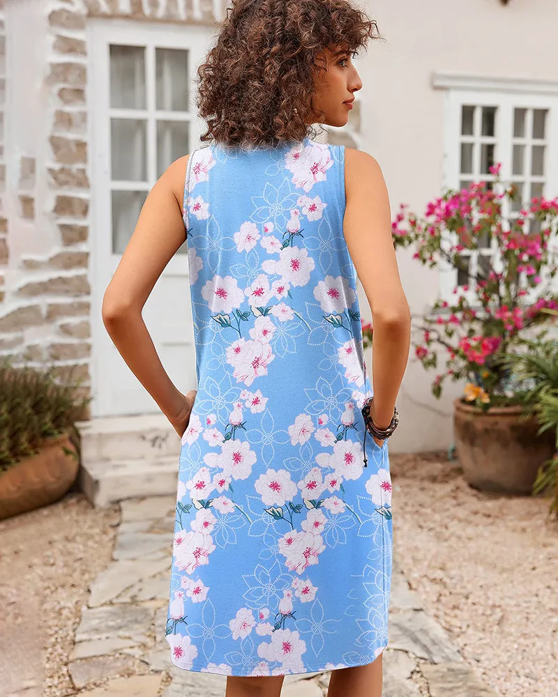 Women Summer Dresses Beach Floral Sleeveless Tshirt Sundress Pockets Casual Loose Flowy Tank Dress - Zeagoo (Us Only)