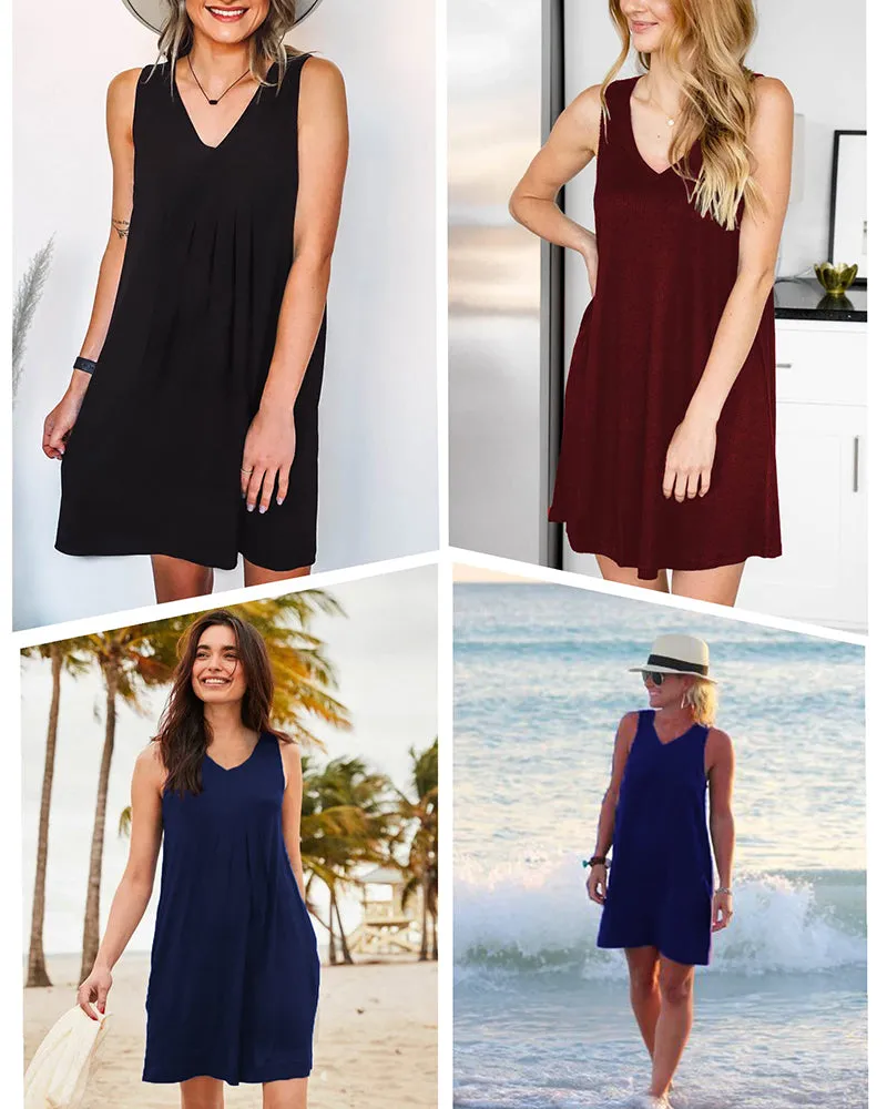Women Summer Dresses Beach Floral Sleeveless Tshirt Sundress Pockets Casual Loose Flowy Tank Dress - Zeagoo (Us Only)