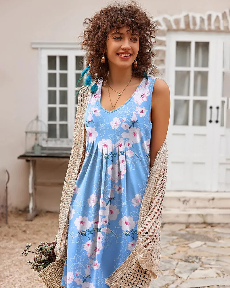 Women Summer Dresses Beach Floral Sleeveless Tshirt Sundress Pockets Casual Loose Flowy Tank Dress - Zeagoo (Us Only)