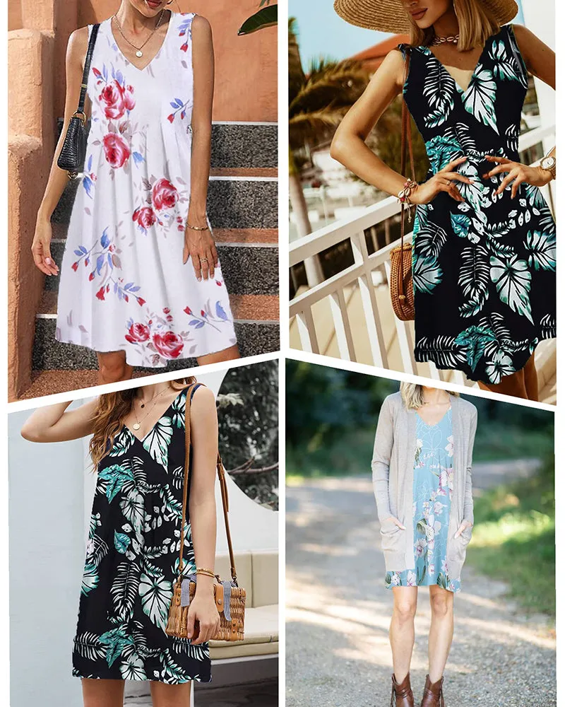 Women Summer Dresses Beach Floral Sleeveless Tshirt Sundress Pockets Casual Loose Flowy Tank Dress - Zeagoo (Us Only)