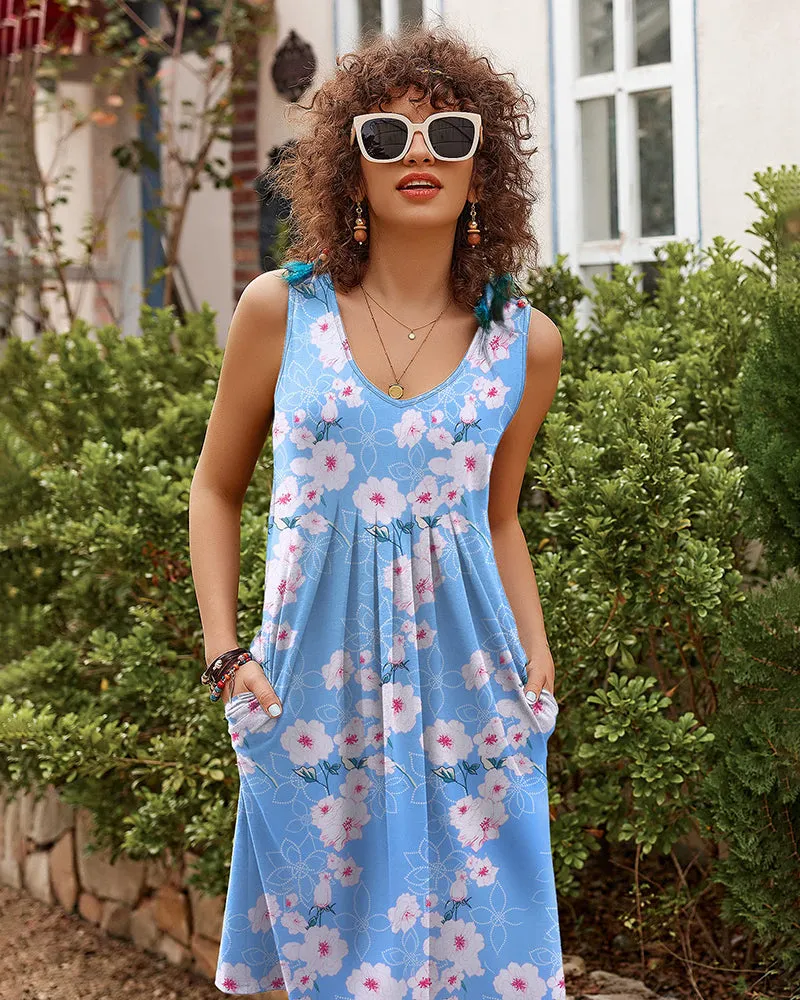 Women Summer Dresses Beach Floral Sleeveless Tshirt Sundress Pockets Casual Loose Flowy Tank Dress - Zeagoo (Us Only)