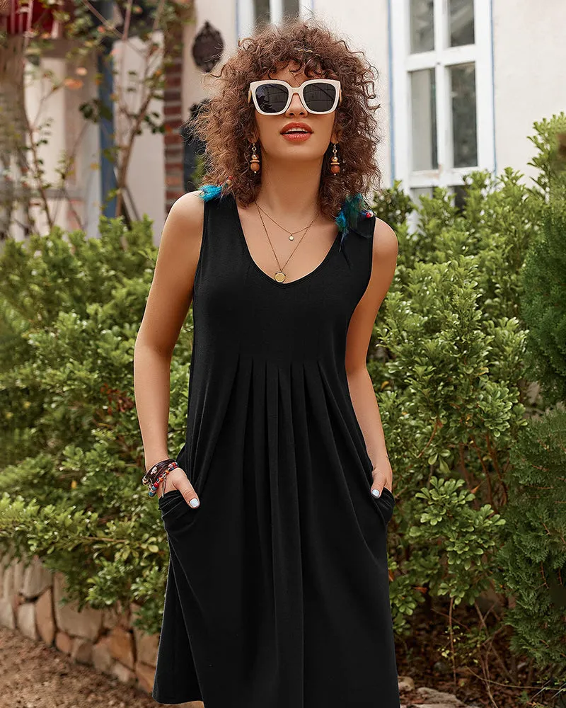 Women Summer Dresses Beach Floral Sleeveless Tshirt Sundress Pockets Casual Loose Flowy Tank Dress - Zeagoo (Us Only)