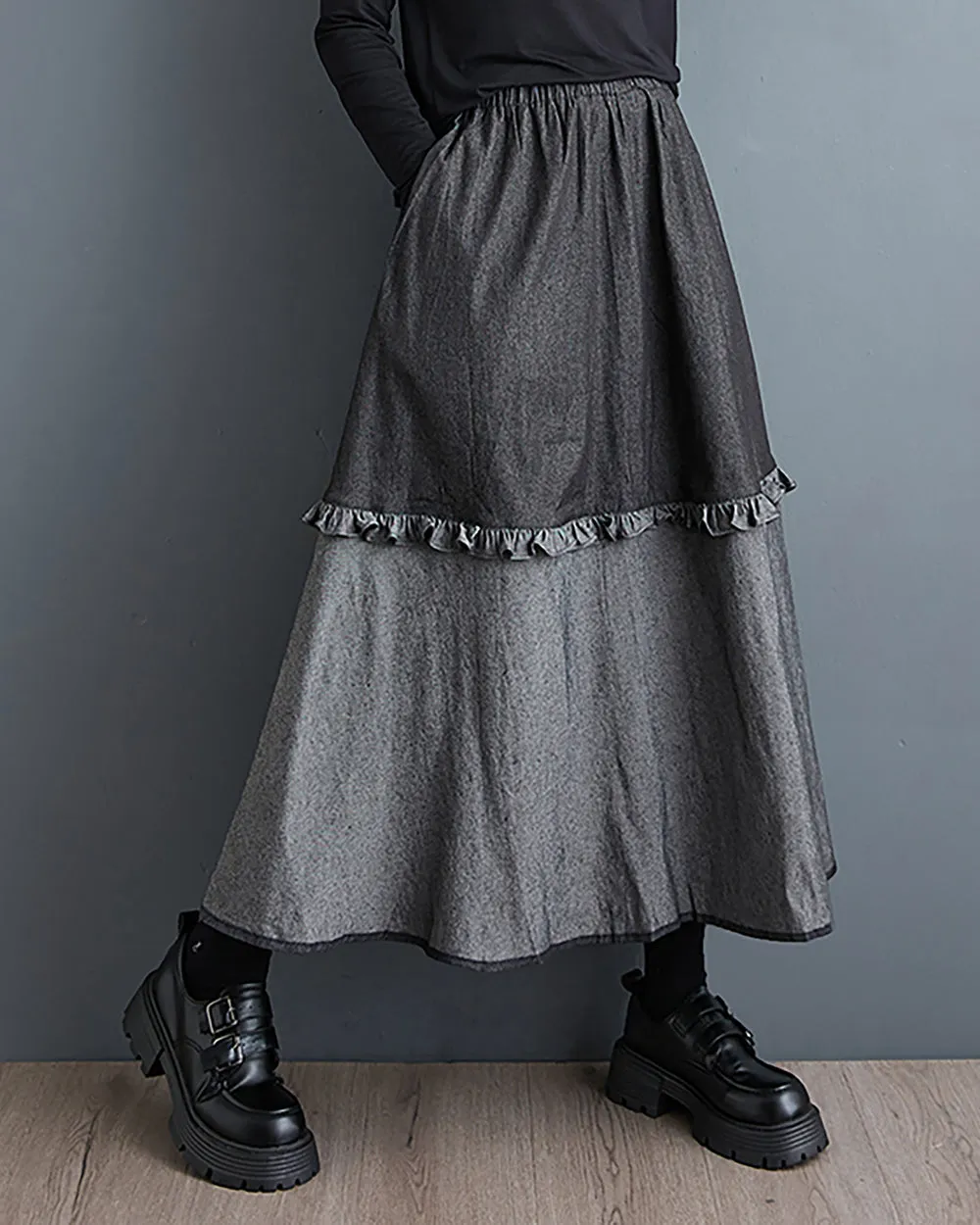 Women's Skirt Elastic Flowy Hem Black and Grey Patchwork Two Side Pockets Lace Baggy Loose GZ284