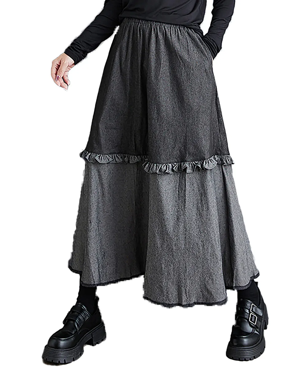 Women's Skirt Elastic Flowy Hem Black and Grey Patchwork Two Side Pockets Lace Baggy Loose GZ284