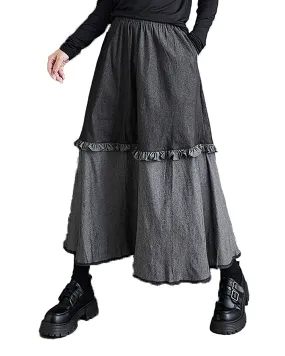 Women's Skirt Elastic Flowy Hem Black and Grey Patchwork Two Side Pockets Lace Baggy Loose GZ284
