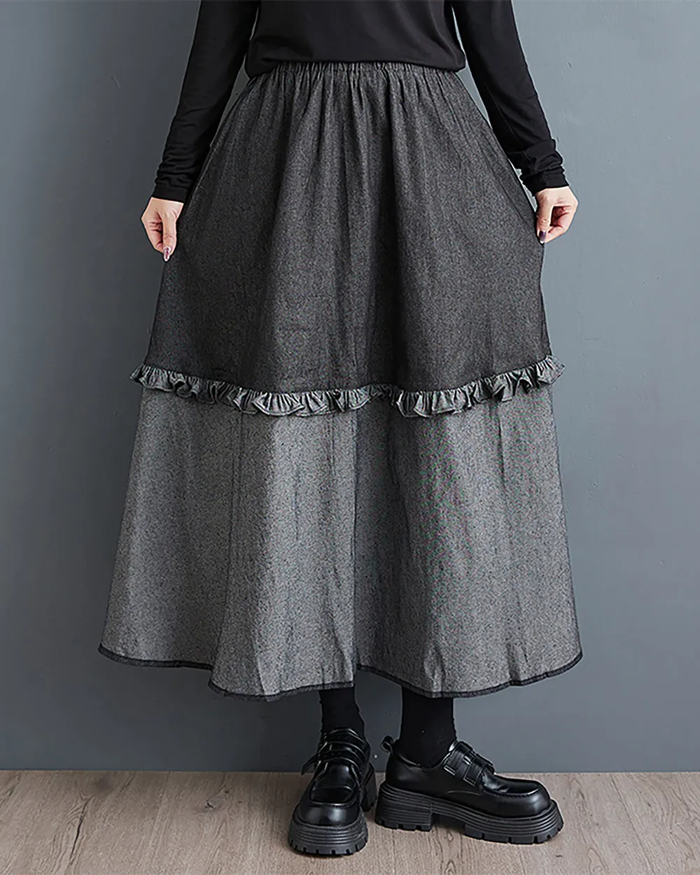 Women's Skirt Elastic Flowy Hem Black and Grey Patchwork Two Side Pockets Lace Baggy Loose GZ284