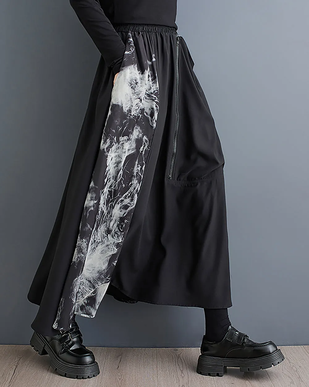 Women's Skirt Elastic Waist Zipper Pocket Ink Pattern Patchwork Flowy Hem Loose Oversize GZ300 Black