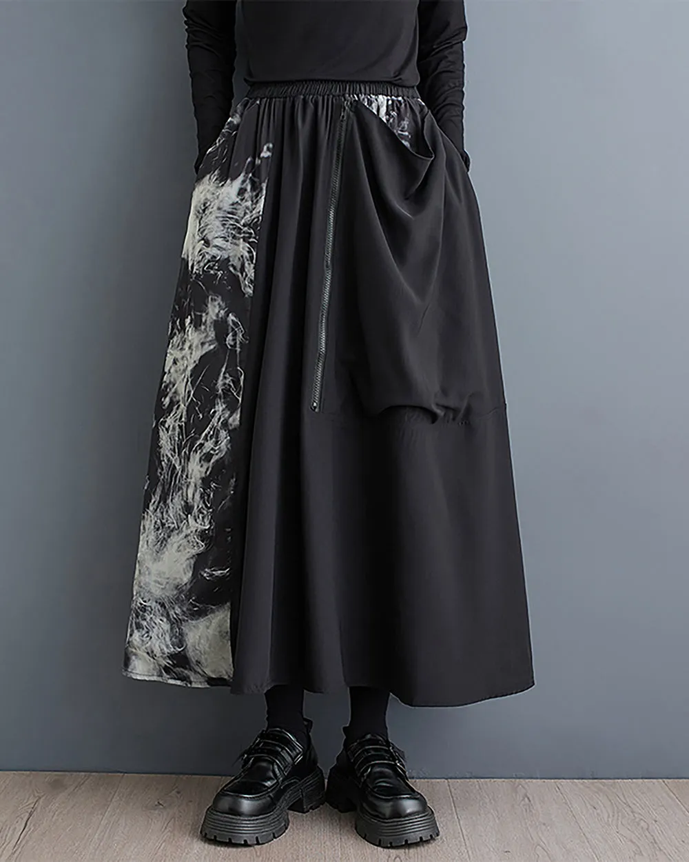 Women's Skirt Elastic Waist Zipper Pocket Ink Pattern Patchwork Flowy Hem Loose Oversize GZ300 Black