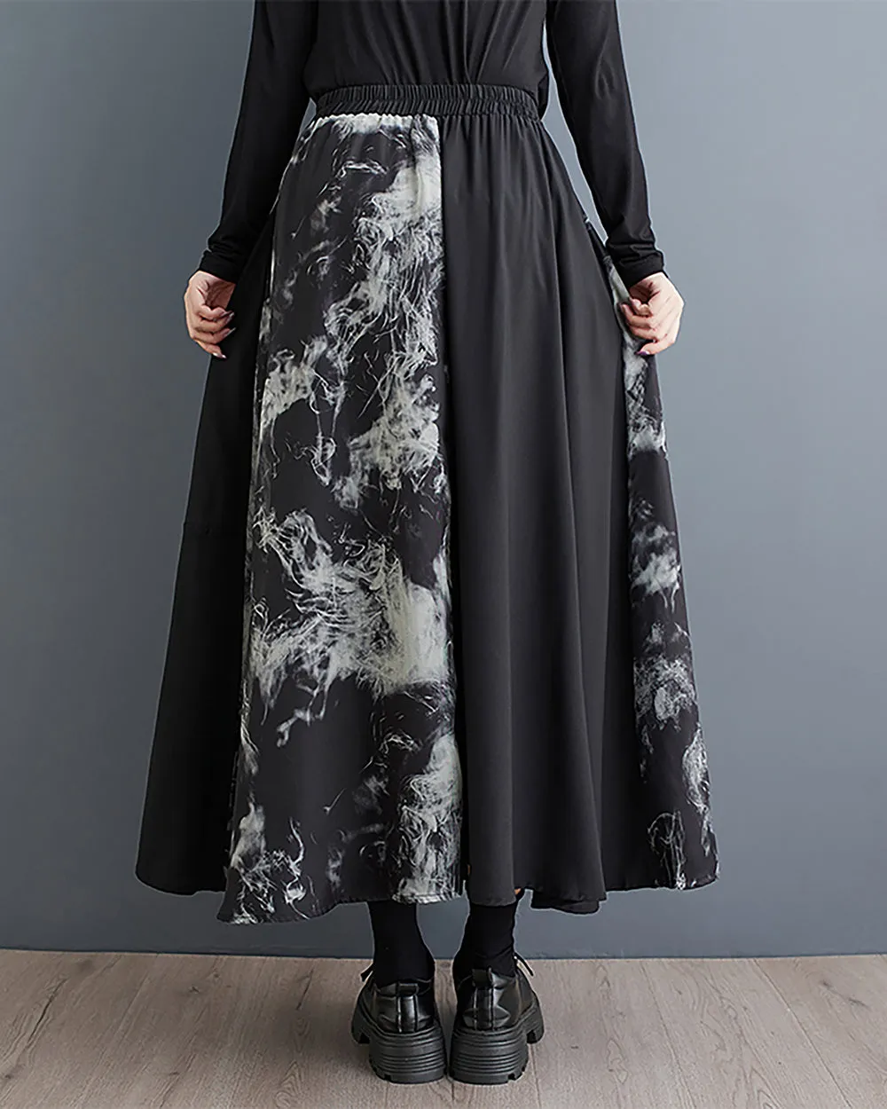 Women's Skirt Elastic Waist Zipper Pocket Ink Pattern Patchwork Flowy Hem Loose Oversize GZ300 Black