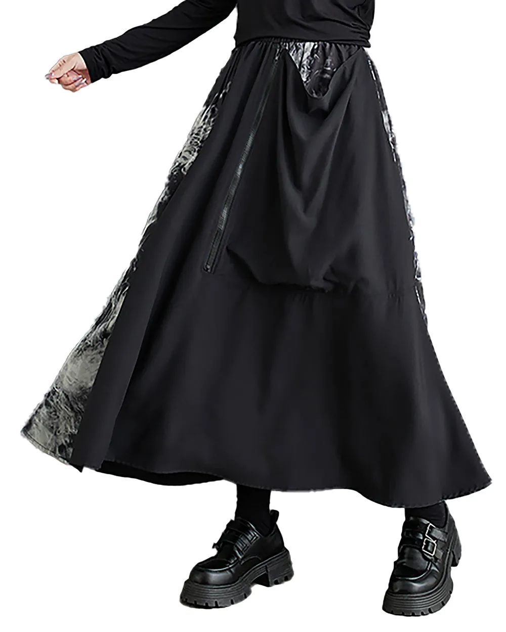 Women's Skirt Elastic Waist Zipper Pocket Ink Pattern Patchwork Flowy Hem Loose Oversize GZ300 Black