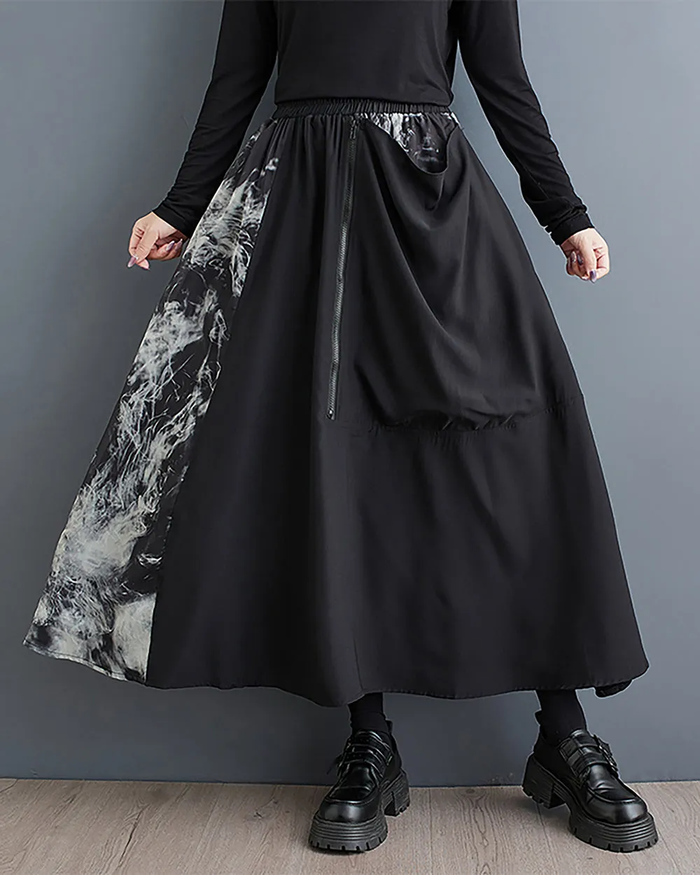 Women's Skirt Elastic Waist Zipper Pocket Ink Pattern Patchwork Flowy Hem Loose Oversize GZ300 Black