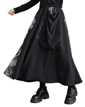 Women's Skirt Elastic Waist Zipper Pocket Ink Pattern Patchwork Flowy Hem Loose Oversize GZ300 Black