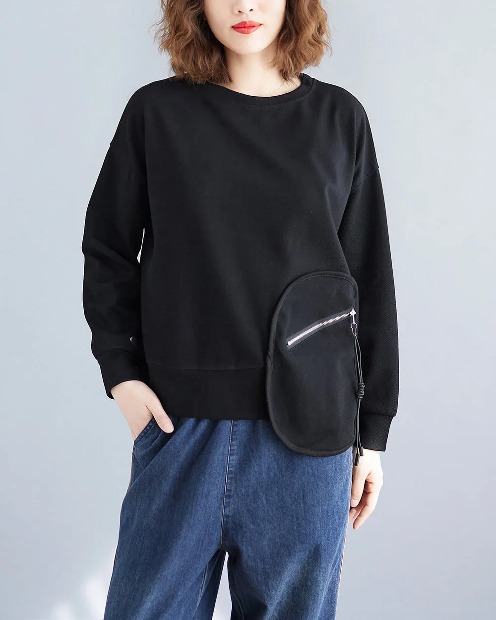 Women's T-Shirt Solid Crewneck Long Sleeve Pocket Zipper Drawstring Oversize Loose Top Fall GA2763