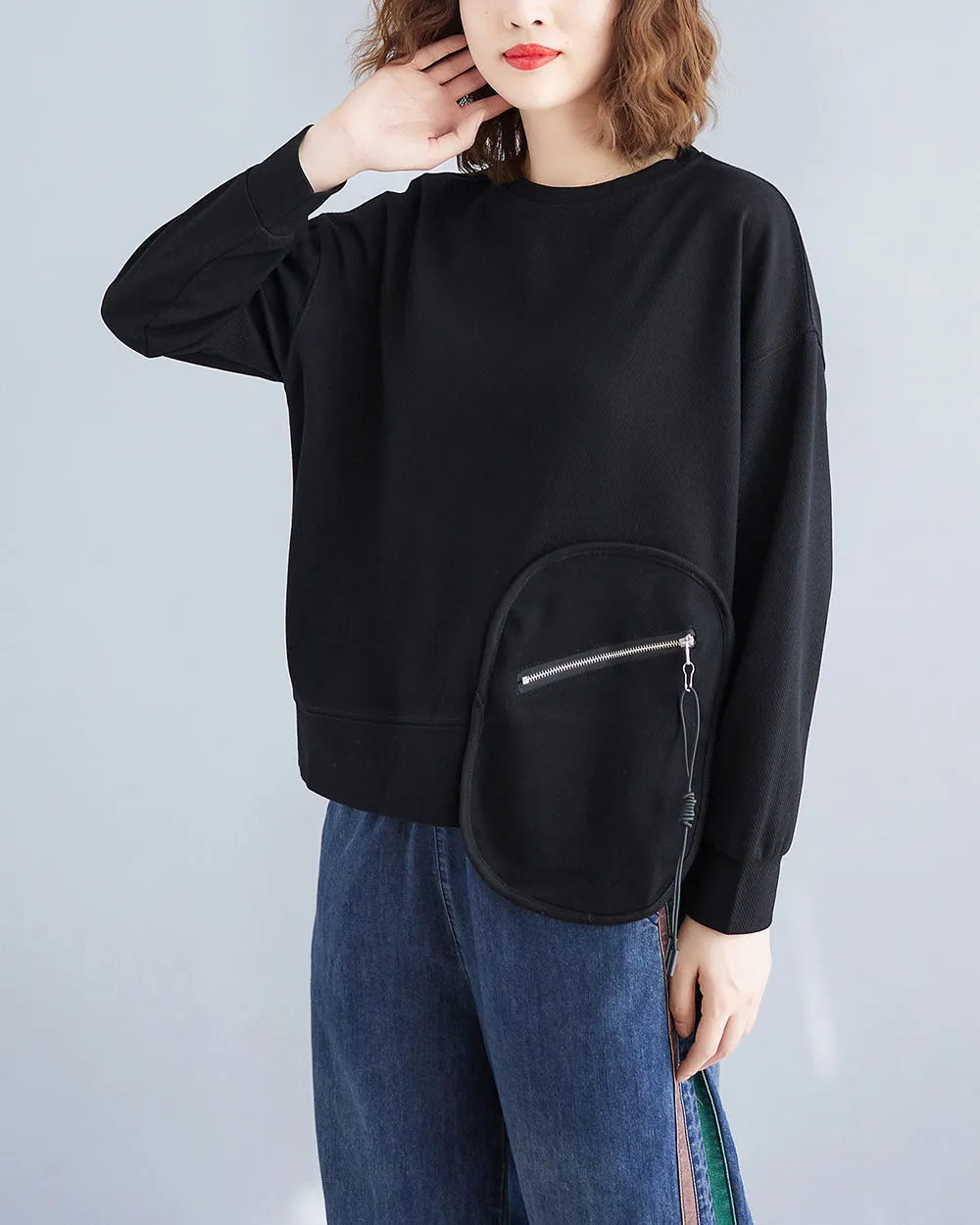 Women's T-Shirt Solid Crewneck Long Sleeve Pocket Zipper Drawstring Oversize Loose Top Fall GA2763