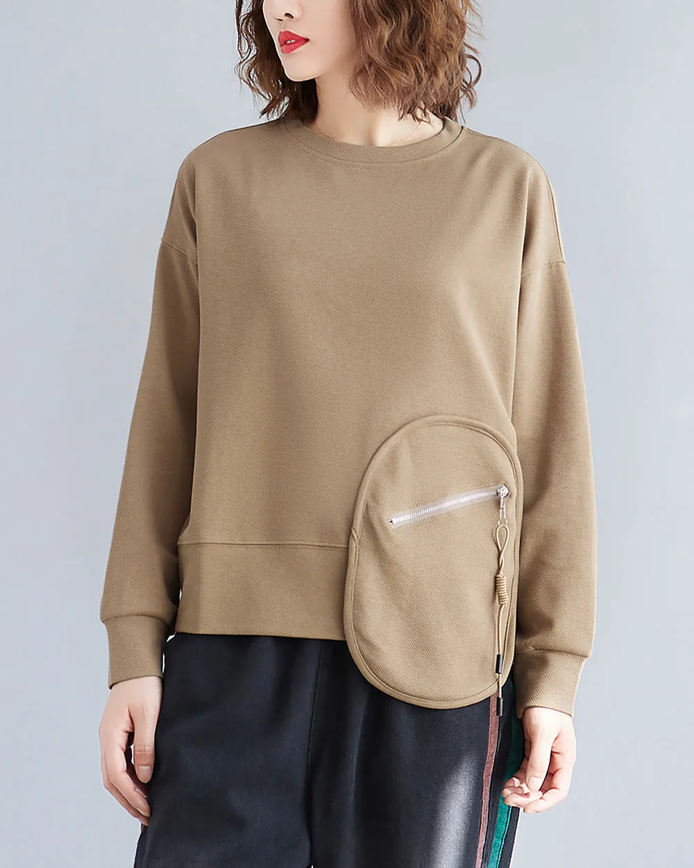 Women's T-Shirt Solid Crewneck Long Sleeve Pocket Zipper Drawstring Oversize Loose Top Fall GA2763