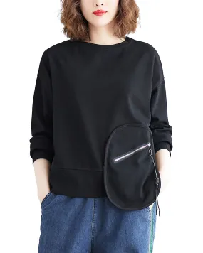 Women's T-Shirt Solid Crewneck Long Sleeve Pocket Zipper Drawstring Oversize Loose Top Fall GA2763