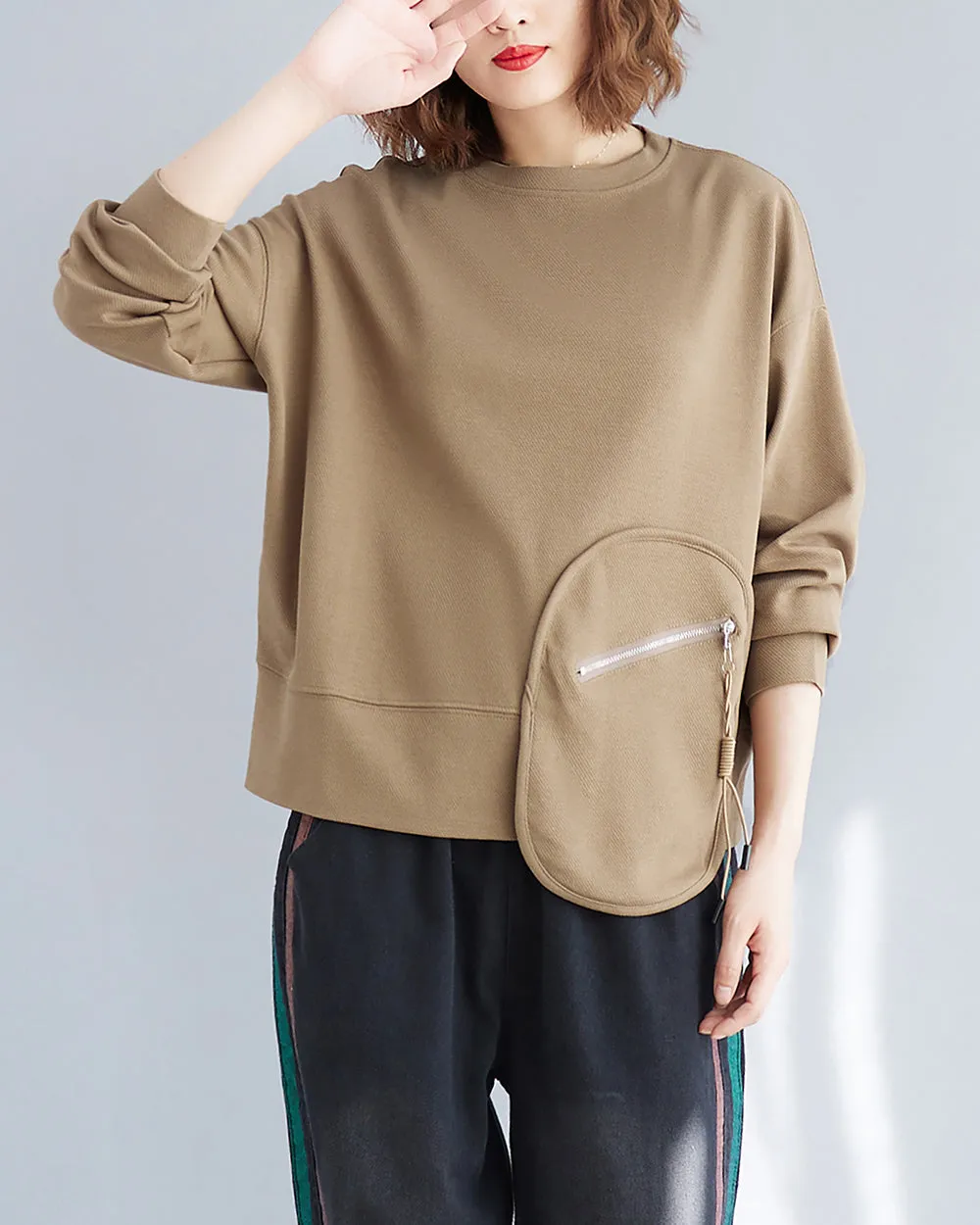 Women's T-Shirt Solid Crewneck Long Sleeve Pocket Zipper Drawstring Oversize Loose Top Fall GA2763