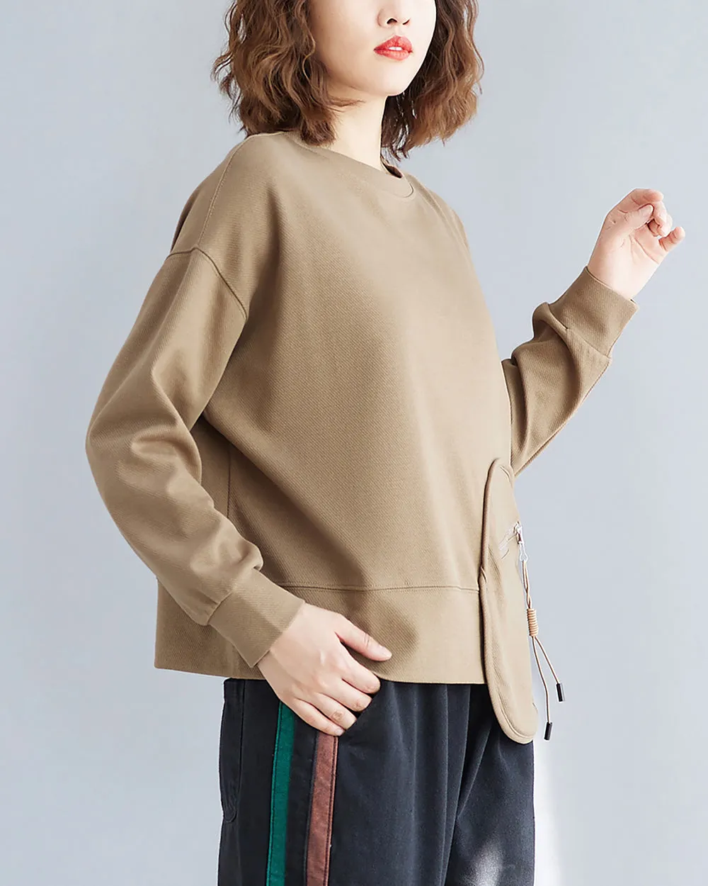 Women's T-Shirt Solid Crewneck Long Sleeve Pocket Zipper Drawstring Oversize Loose Top Fall GA2763