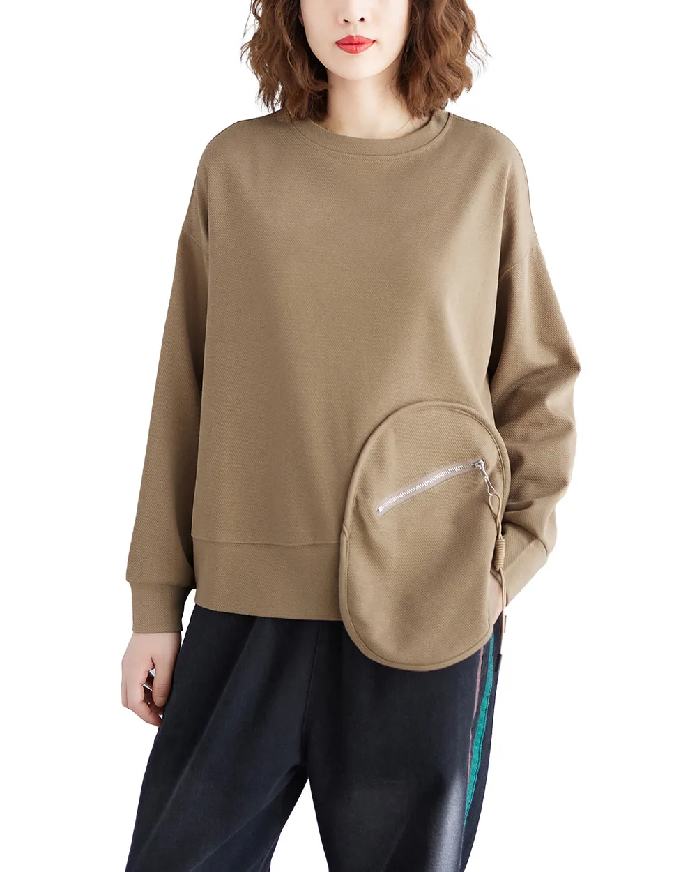 Women's T-Shirt Solid Crewneck Long Sleeve Pocket Zipper Drawstring Oversize Loose Top Fall GA2763
