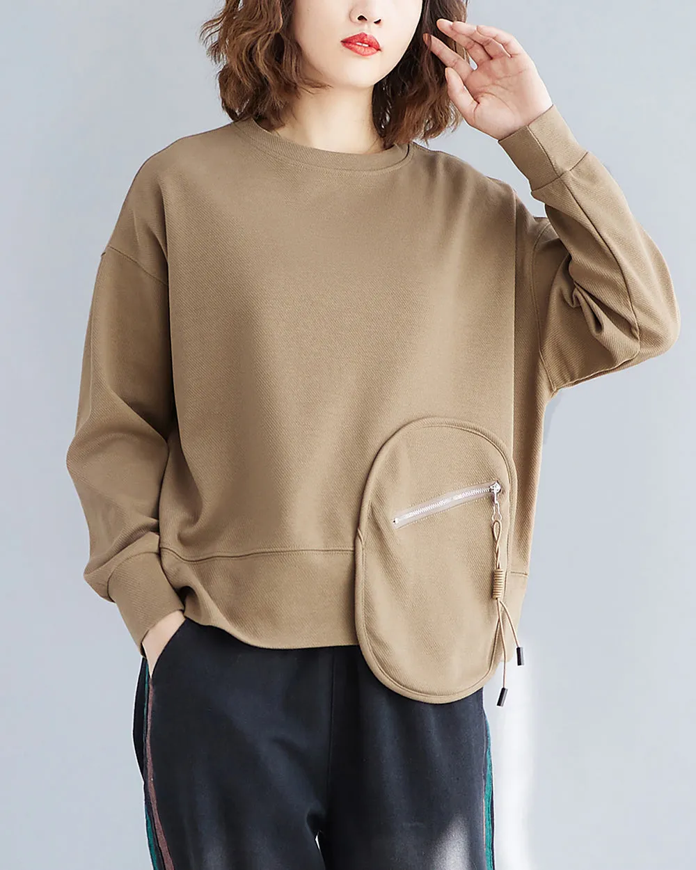 Women's T-Shirt Solid Crewneck Long Sleeve Pocket Zipper Drawstring Oversize Loose Top Fall GA2763