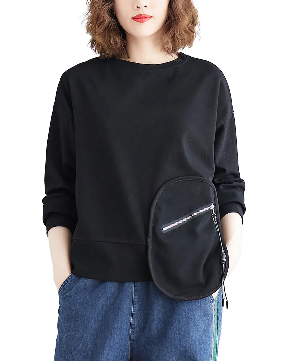 Women's T-Shirt Solid Crewneck Long Sleeve Pocket Zipper Drawstring Oversize Loose Top Fall GA2763