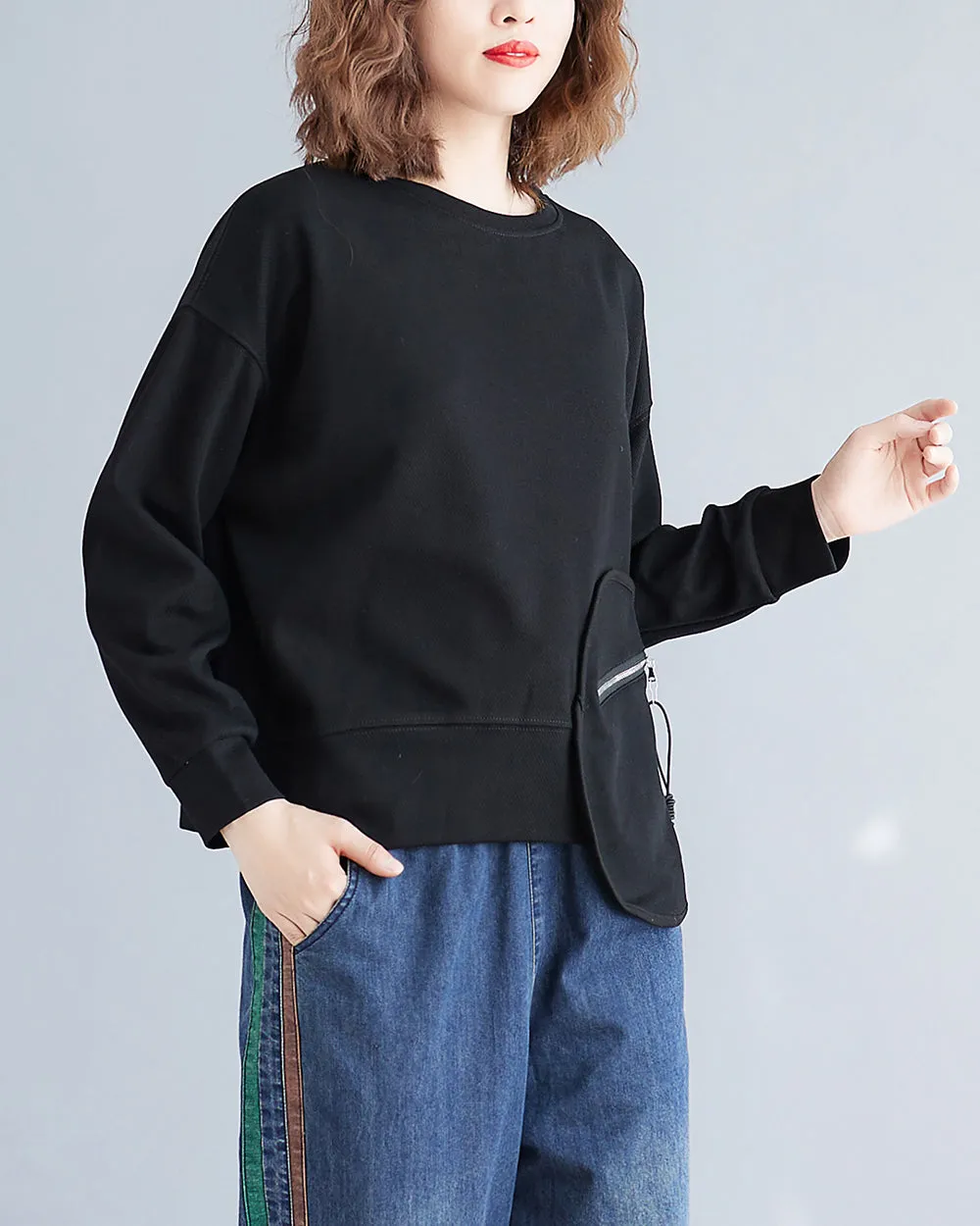 Women's T-Shirt Solid Crewneck Long Sleeve Pocket Zipper Drawstring Oversize Loose Top Fall GA2763
