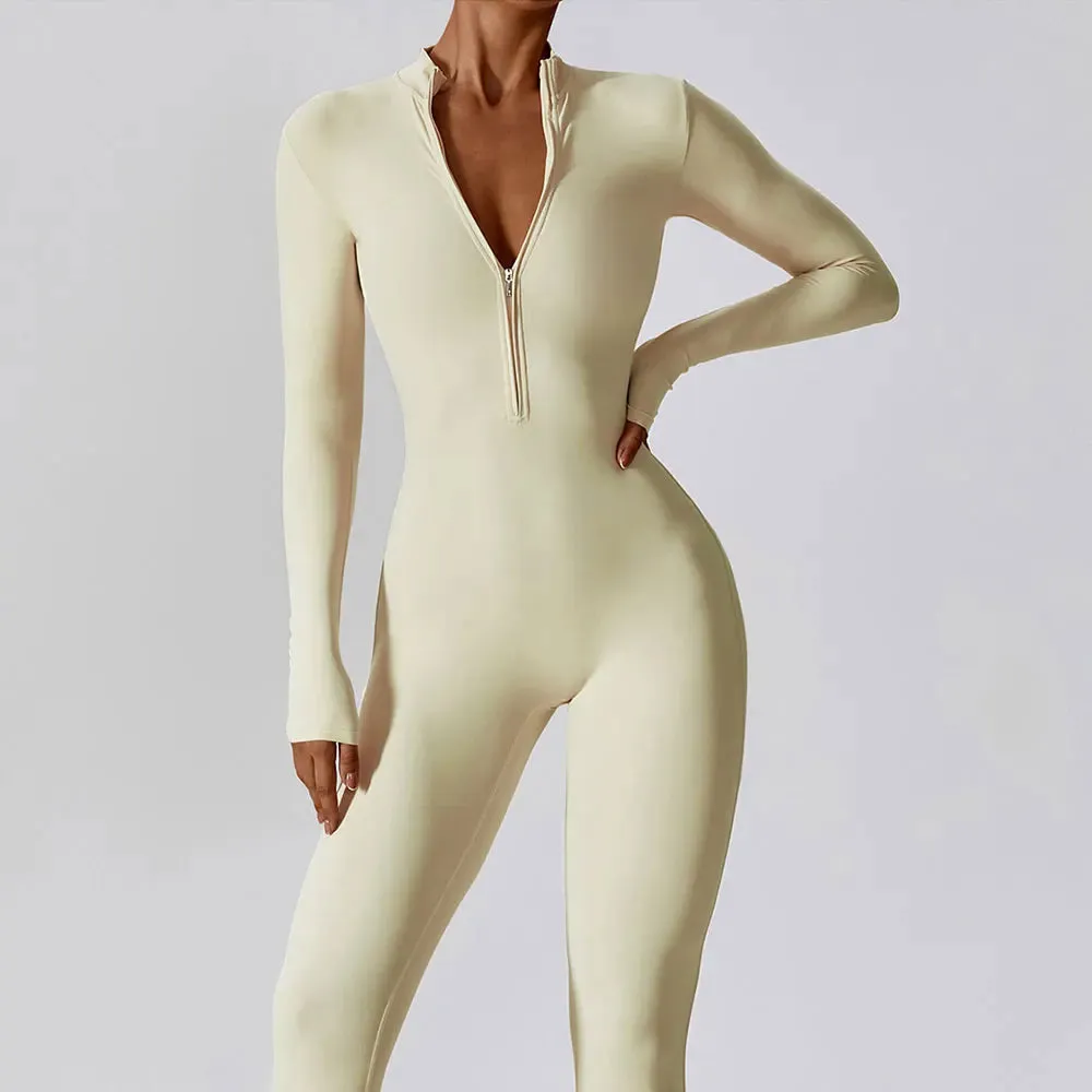 Yoga Boilersuit Long Sleeved Women's Sportswear Gym Zipper Jumpsuits