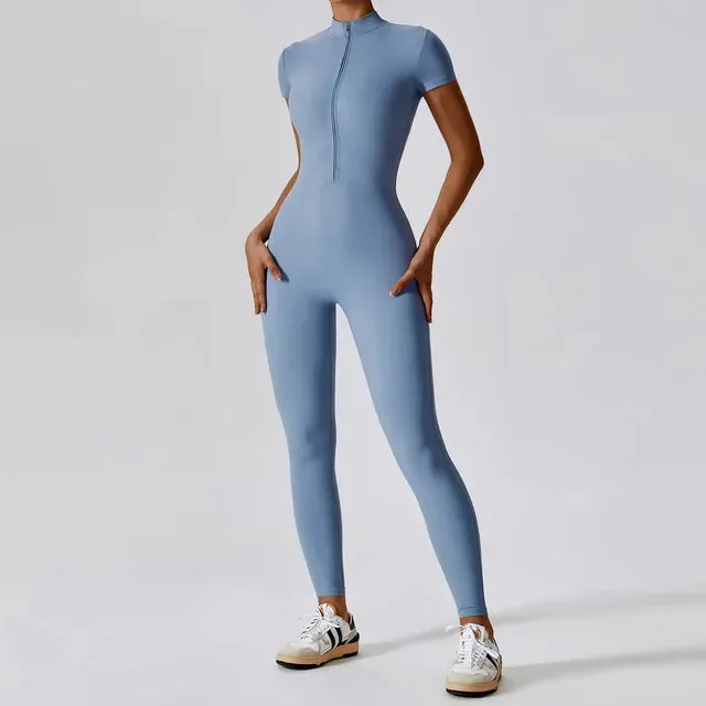 Yoga Set Women's Jumpsuits One-Piece Suit Zipper Short Sleeve Bodysuit